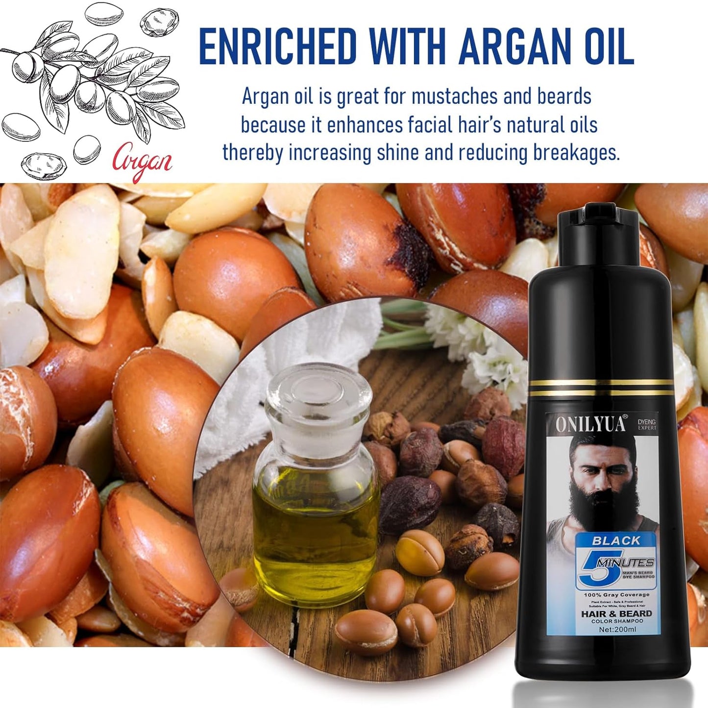 Men's Black Hair Dye - Long-Lasting Gray Coverage & Quick 5-Minute Beard Shampoo | 3-in-1 Solution