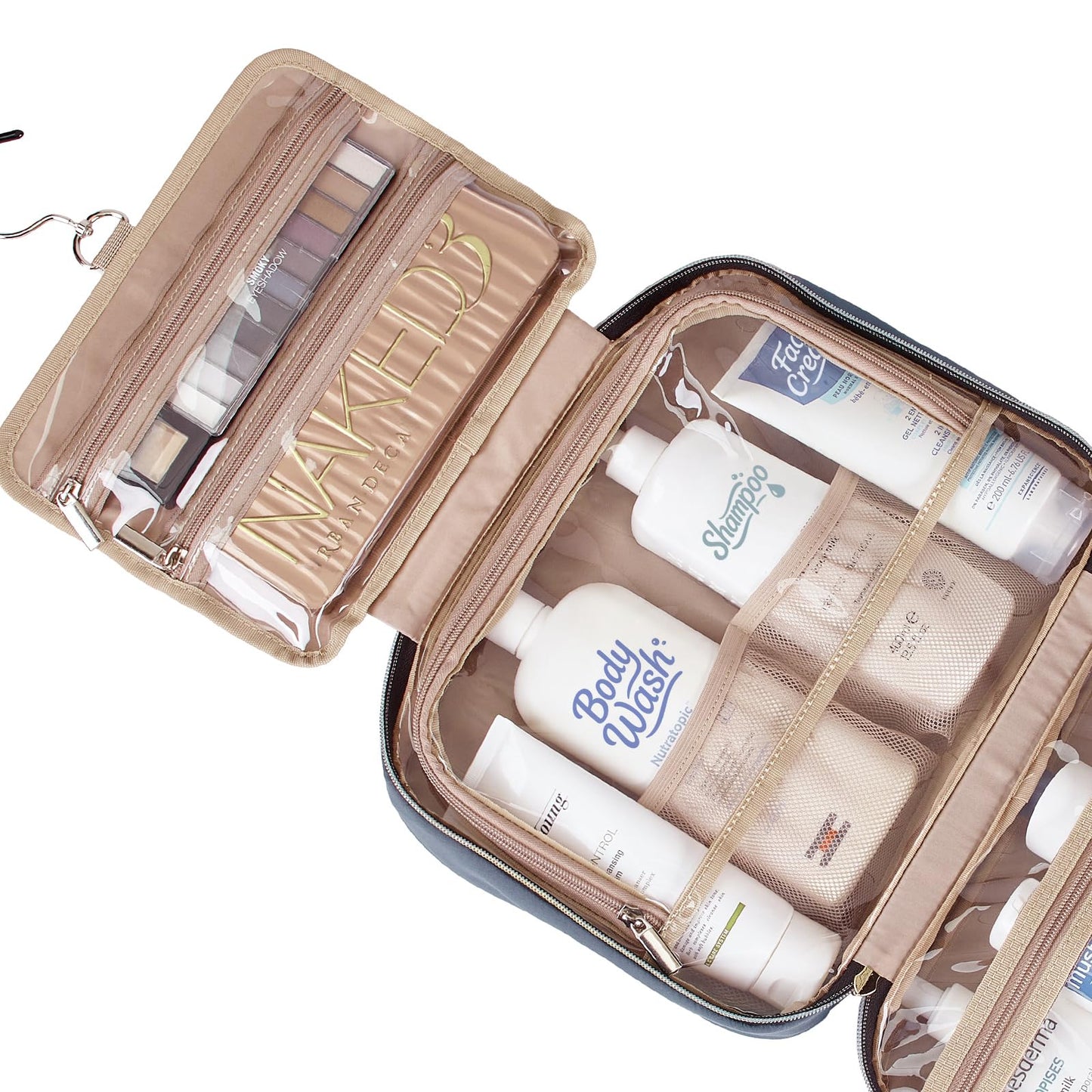 NISHEL Travel Toiletry Bag for women, Portable Hanging Organizer for Full-Sized Shampoo, Conditioner, Brushes Set, Travel-Size Accessories