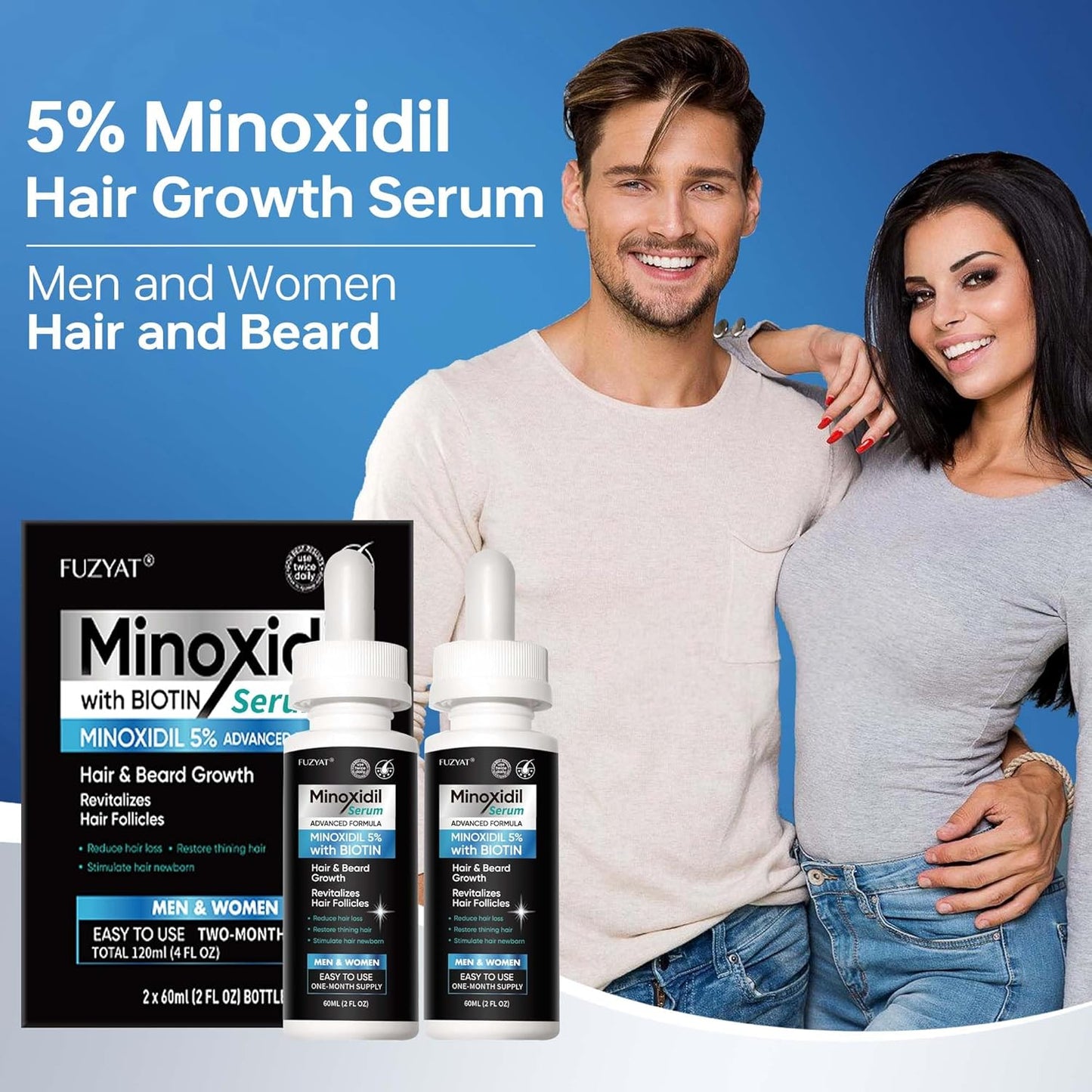 Minoxidil Hair Growth Treatment for Men & Women - Beard Growth Serum with Biotin & Castor Oil | 120ml
