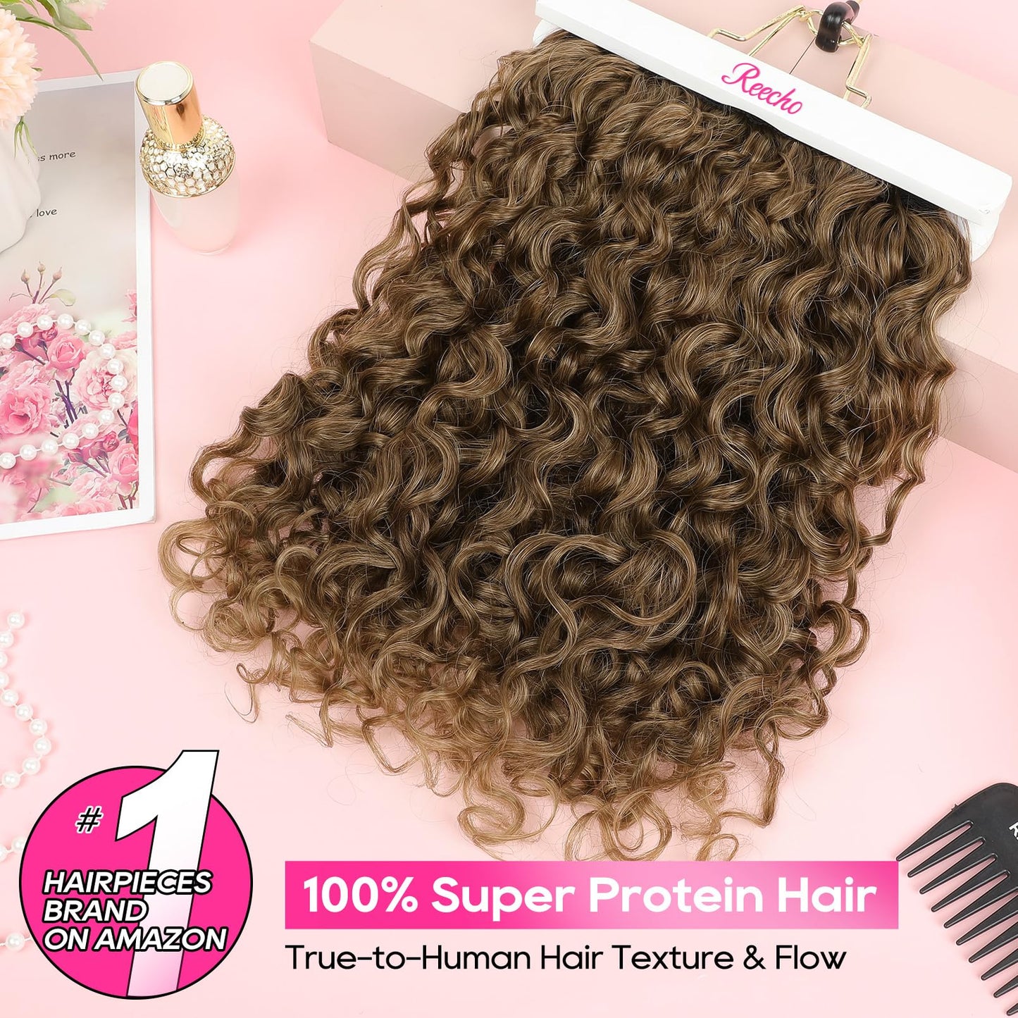 REECHO Curly Hair Extensions - 4PCS 18" GoGo Clip in Hair Extensions 100% Super Protein Hairpieces with Invisible Lace Weft Silky Soft Natural Look for Women - Golden Walnut