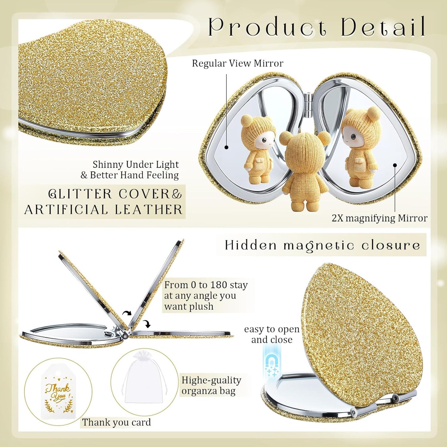 Heart Glitter Compact Mirror - Gold Magnifying 1x/2x PU Leather | Perfect Gift for Women, Bridal Showers & Weddings