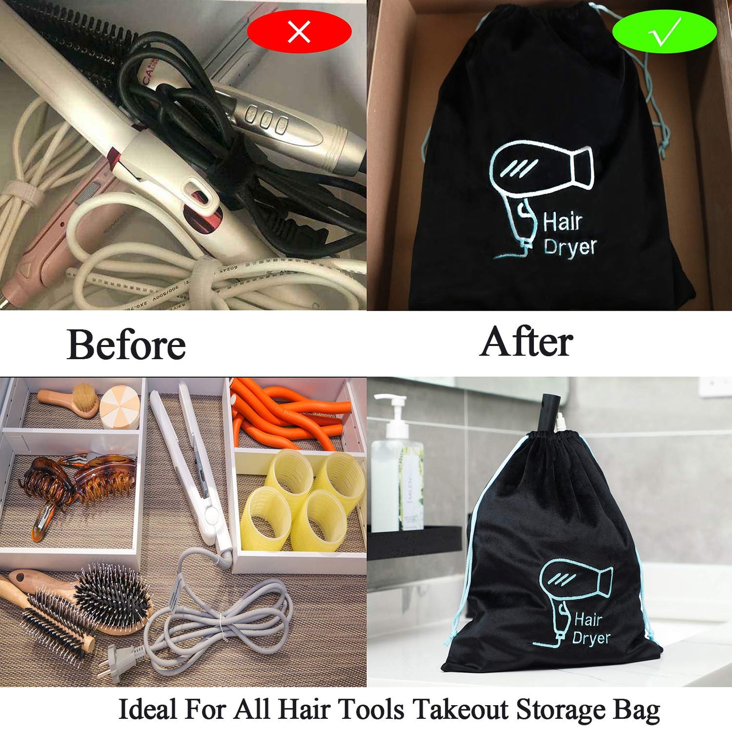 AKLVBL Hair Dryer Bag 11.8’’x 14’’ Storage Organizer Bag For Hairdryer and All Hair Tools With Drawstring, Ideal for Travel, Gym, Hotel or Home Use (One Pack)