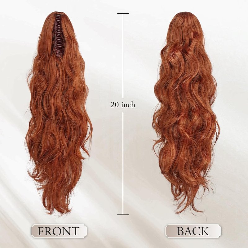 Copper Ponytail Hair Extensions - 20 Inch Wavy Claw Clip for Women | Synthetic Copper Red Hairpiece
