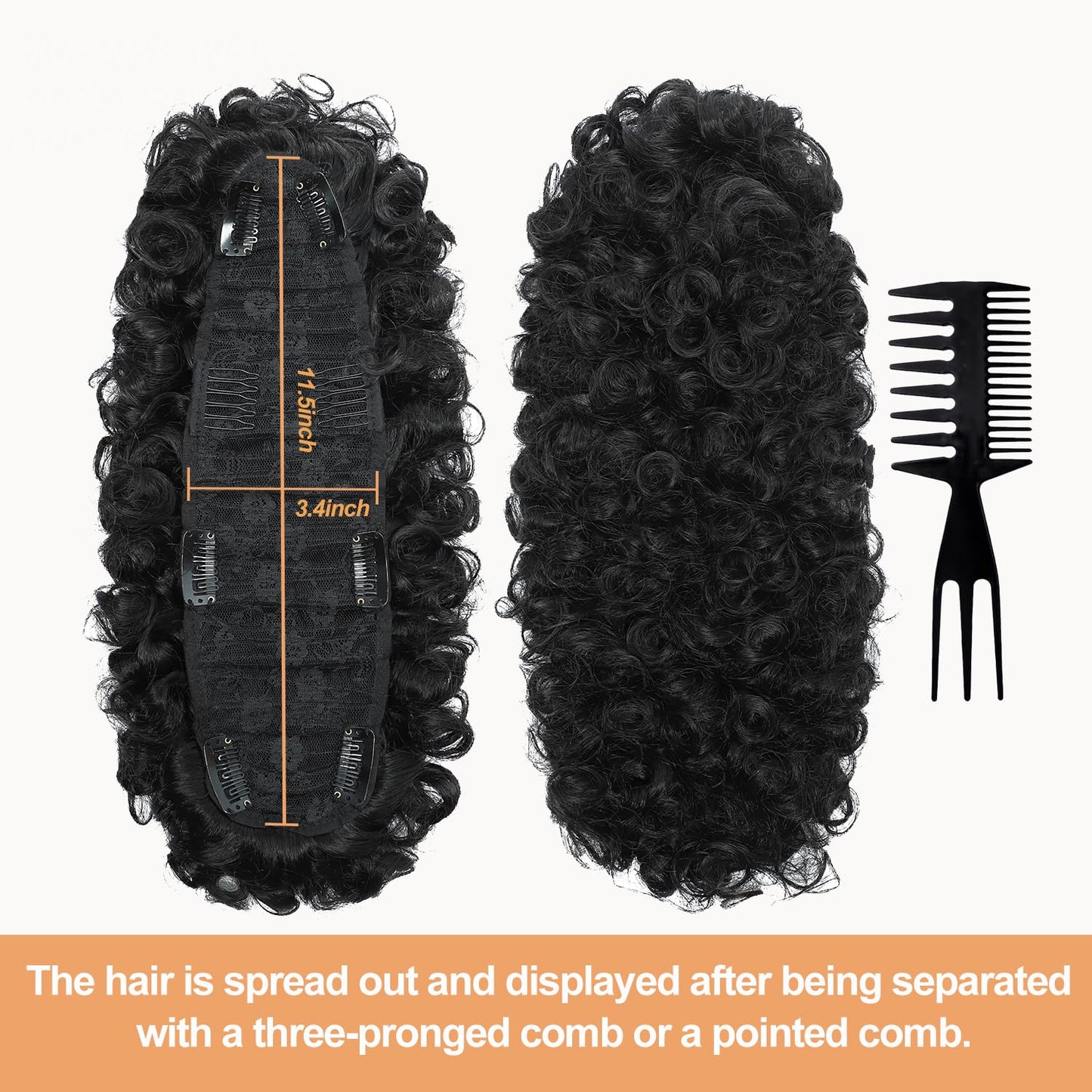 Mohawk Wig Curly Ponytail with Bangs,Short Kinky Curly Synthetic Clip on Mohawk Ponytail Extension Hair Pieces for Women with Six Clips and Two Combs Fluffy Natural Hair for Daily and Party Use 1B