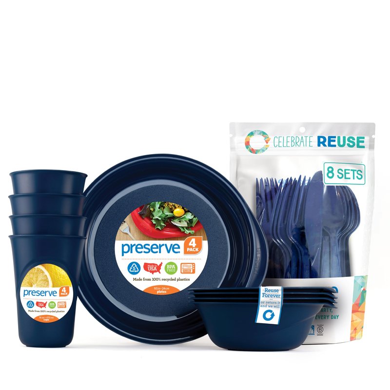 Preserve Reusable BPA Free Everyday Tableware Dish Set for 4 with Utensils - Made from Recycled Plastic - 4 Plates, 4 Bowls, 4 Cups and 24 pieces of Cutlery - Midnight Blue