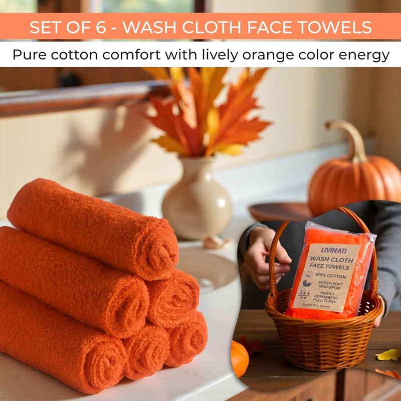 100% Cotton Wash Cloths - Soft Absorbent Terry Towel Set | Orange 12" x 12" - 6 Pack for Adults & Kids