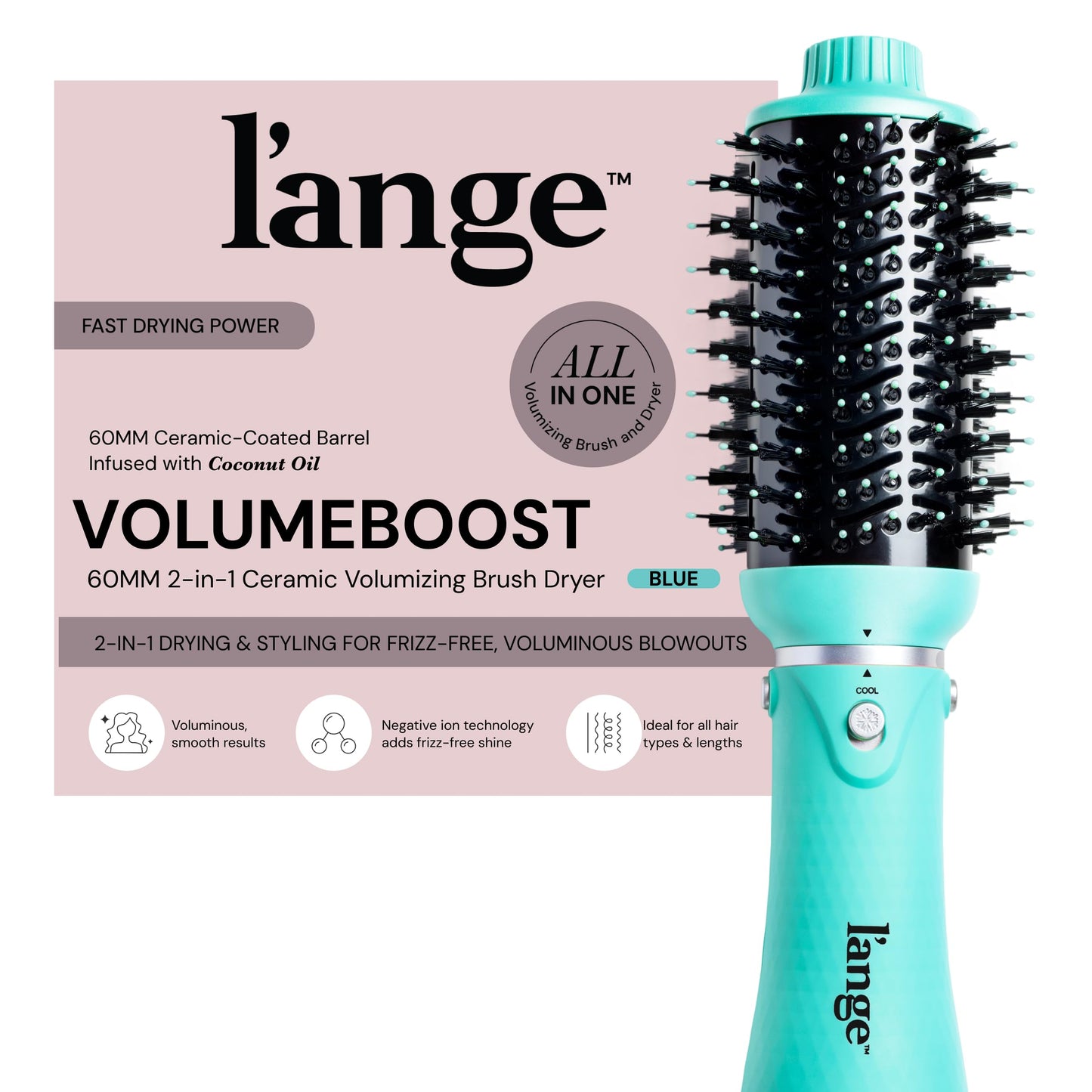 L'ANGE HAIR VolumeBoost 60mm 2-in-1 Ceramic Volumizing Brush Dryer | Fast Drying & Styling for Frizz-Free, Voluminous Blowouts | Ceramic-Coated Barrel (Blue)