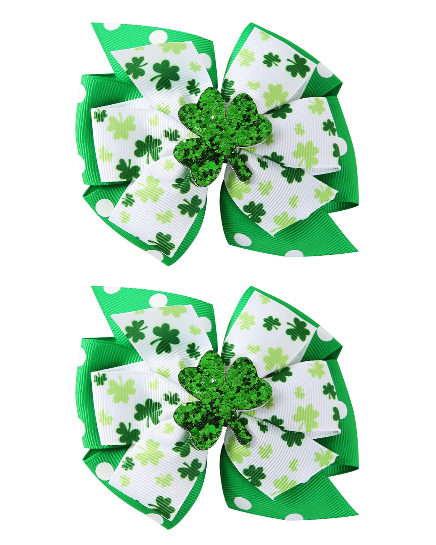 2 Pack St Patricks Day Hair Bows Green Glitter Clover Alligator Clips Girls Women Shamrock Irish Party Accessories