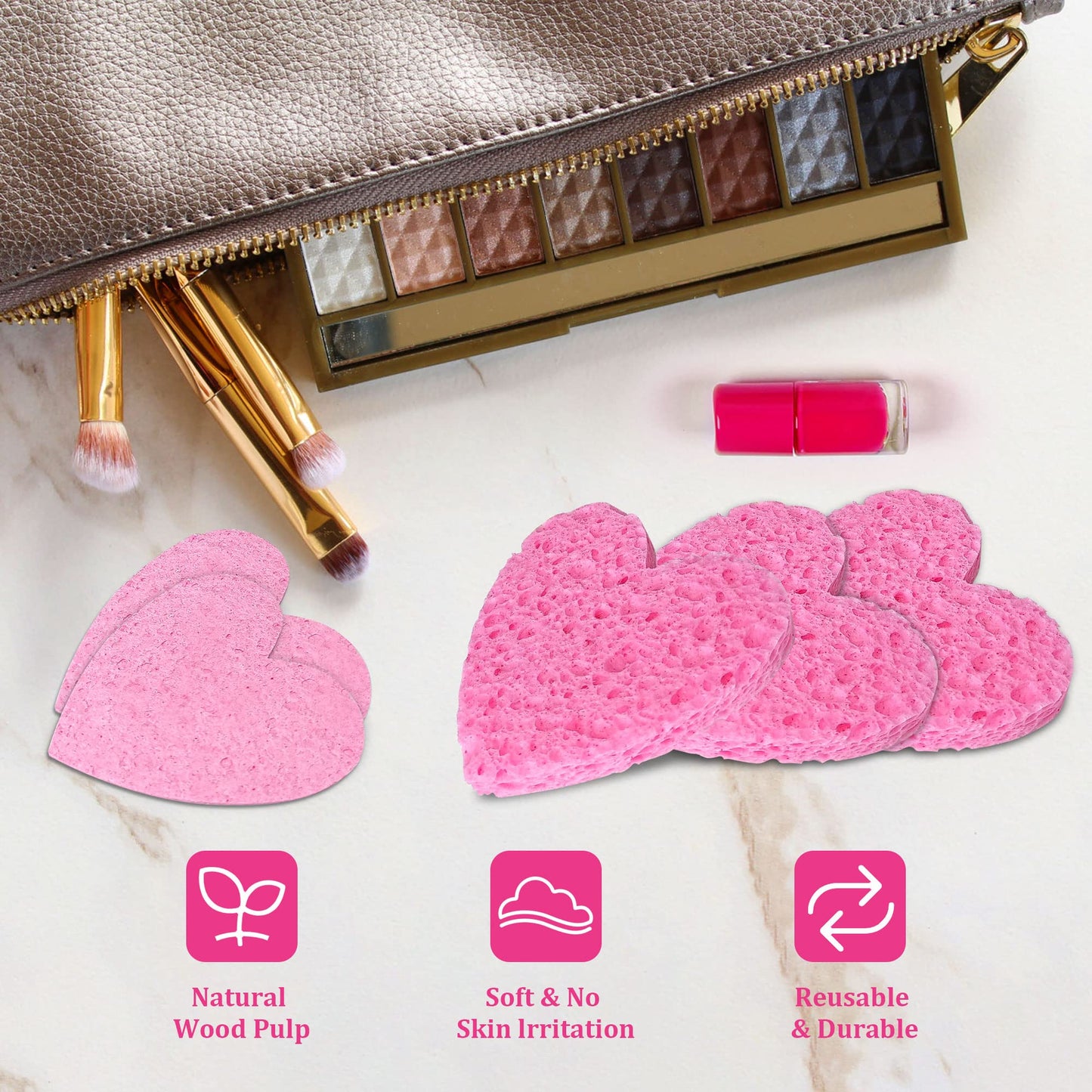 50-Count Kickleen Compressed Cellulose Heart Shape Facial Sponges | Natural Cosmetic Spa Sponges for Facial Cleansing | Exfoliating | Makeup Mask Removal | Reusable | Skin Massage (50 Count (Pink))