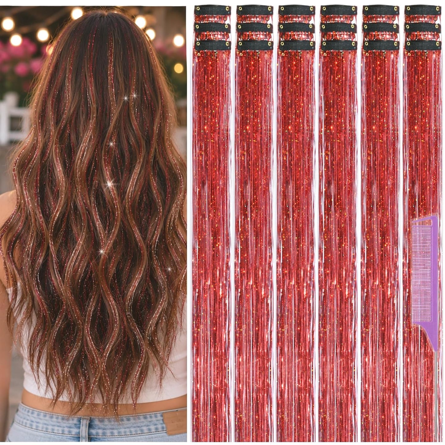 Hair Tinsel Clip-Ins - 22 Inch Glitter Hair Extensions Kit | 18 Pcs for Women & Girls - Gold, Silver, Pink