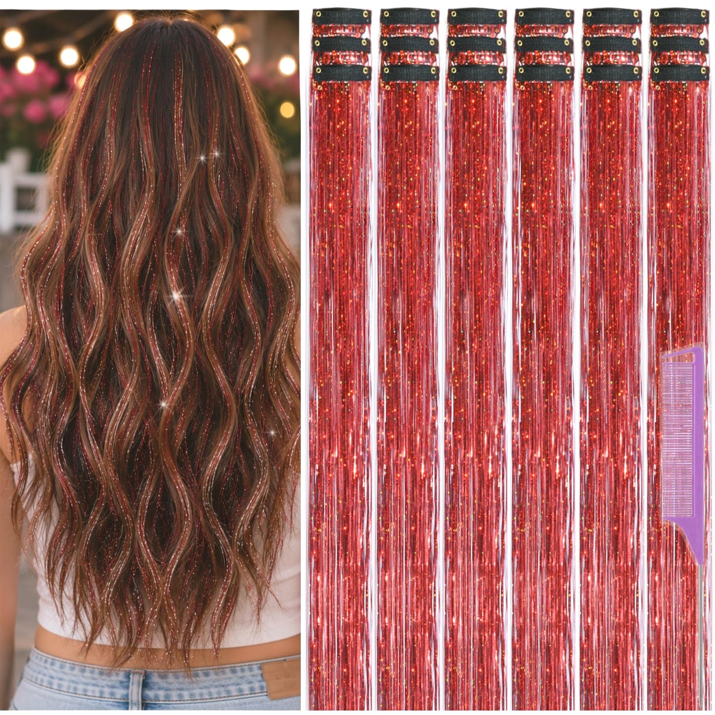 Hair Tinsel Clip in Pack of 18 Pcs Red Hair Accessories 22 Inch Glitter Fairy Hair Tinsel Kit for Women Girls Tinsel Hair Extensions for Party Gatherings Festival (Red)