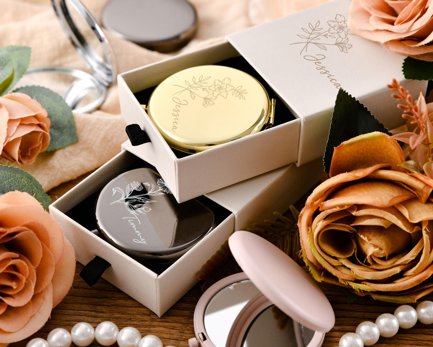 Personalized Bridesmaids Mini Makeup Mirror - Custom Engraved Wedding Favor - Elegant Compact Mirror -Bridal Party Gifts Bridesmaids Gifts