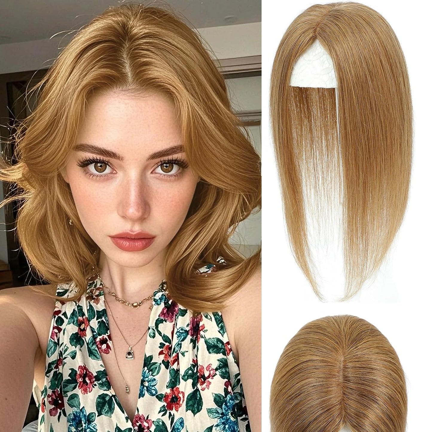 Hair Toppers for Women - Real Human Hair 360° 3D Hairpieces with Wispy Clip-In Bangs | Natural Scalp Line (Black)