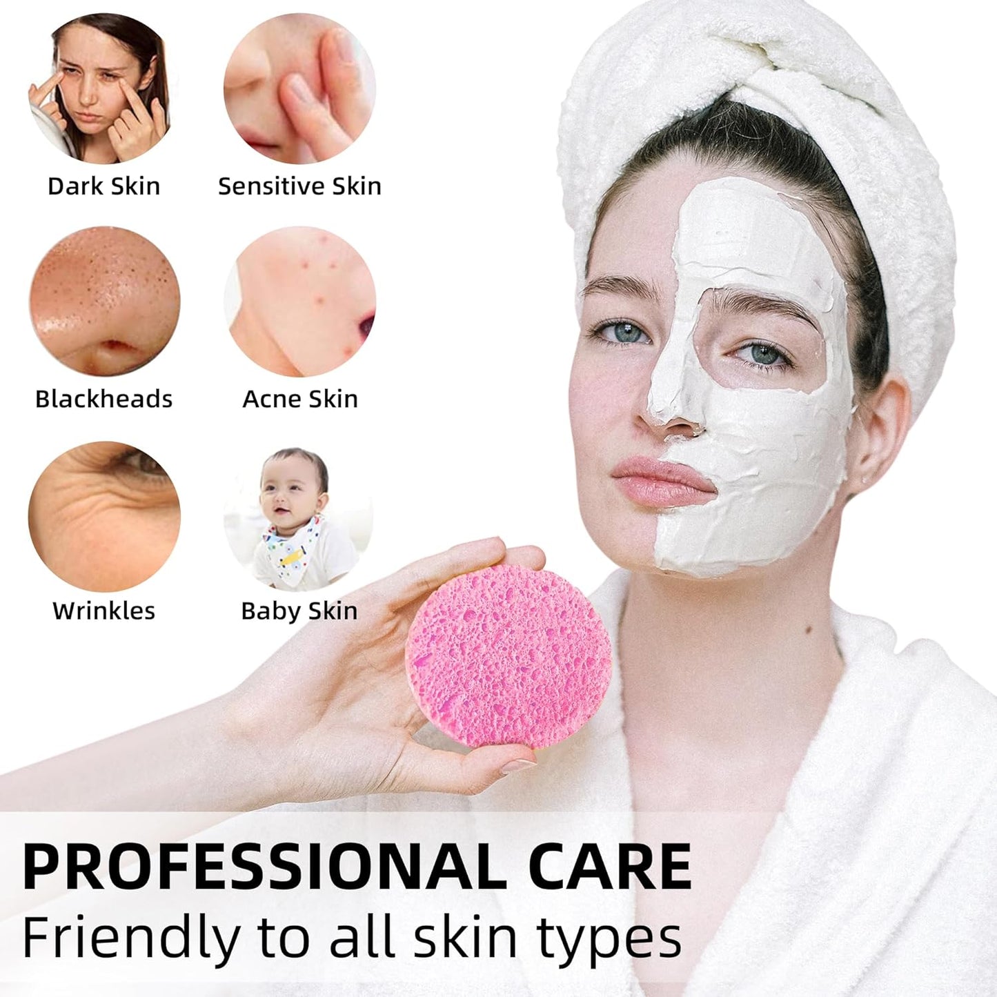 Compressed Facial Sponges - 100% Natural Cellulose Spa Sponges for Daily Cleansing | Makeup Removal & Exfoliation (50 Count, Pink)