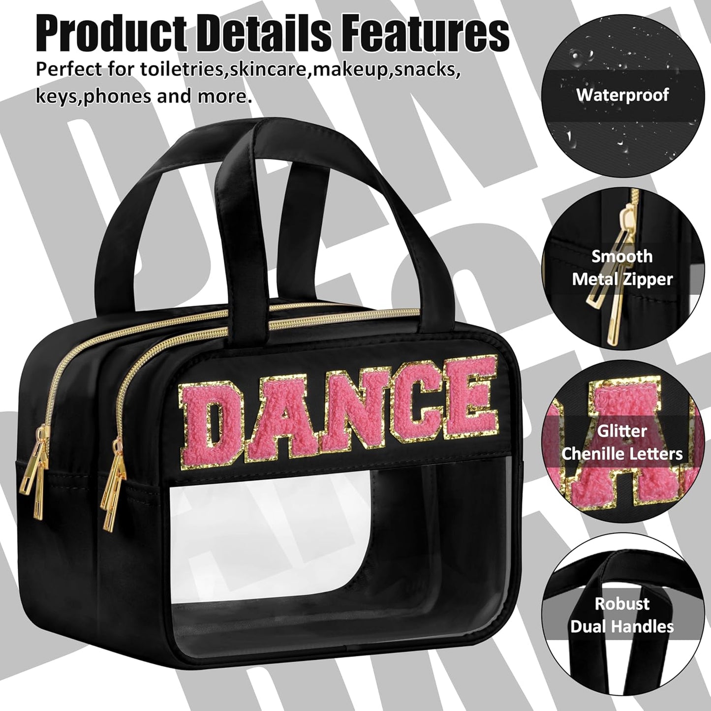 Dance Chenille Letter Bags - Clear Makeup Travel Pouch | Waterproof Nylon & PVC, Large Cosmetic Storage for Women