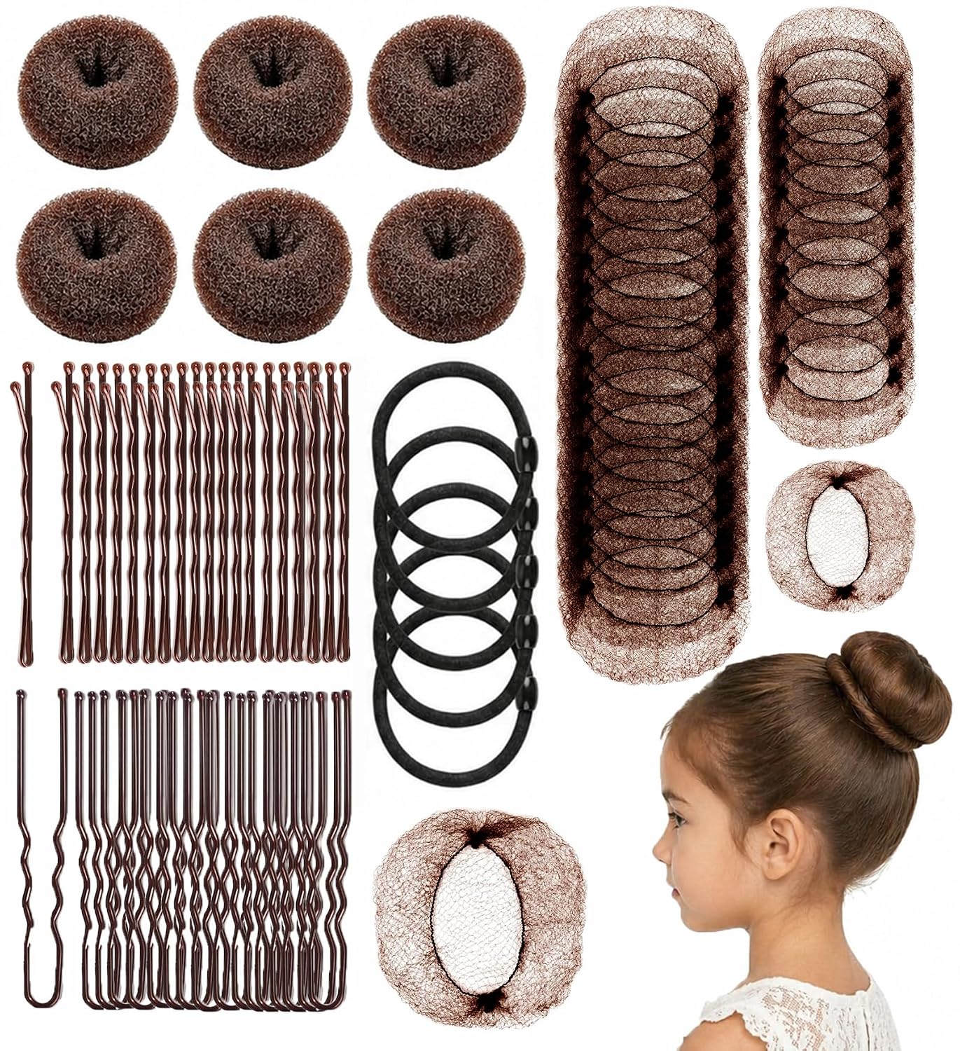 Small Hair Donut Bun Maker Set - 6 Donuts, 30 Hair Nets & 120 Bobby Pins for Perfect Buns