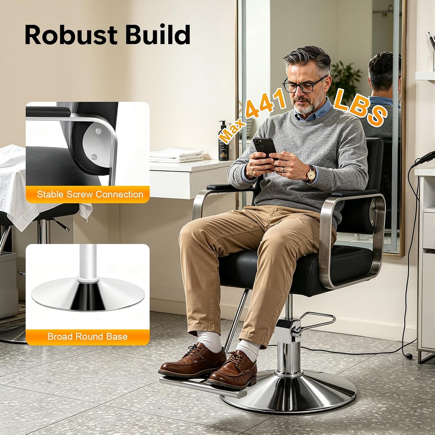 Salon Barber Chair - Hydraulic Pump & 360° Swivel | Adjustable Height Styling Chair for Barbershop & Home (Black/Silver)