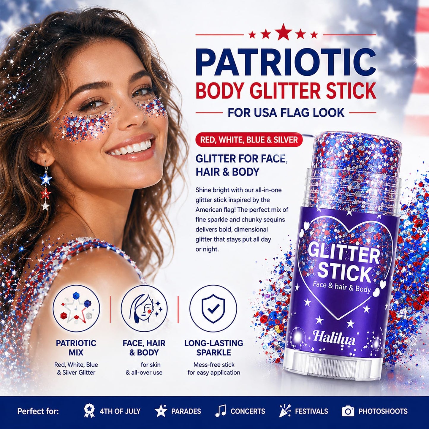 4th of July Glitter Stick, Patriotic Face Hair Glitter Stick, Fourth of July Outfit Accessories for Women Kids, Red White and Blue USA Accessories for Independence Day, Memorial Day