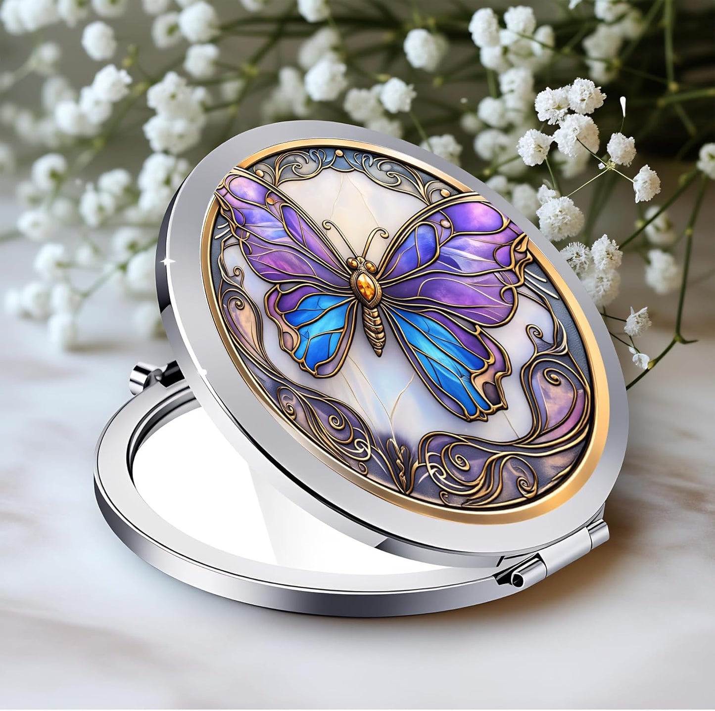 Silver Compact Mirror - Double-Sided Folding Makeup Mirror with Victorian Lady Design | 2.8x2.8 Inch