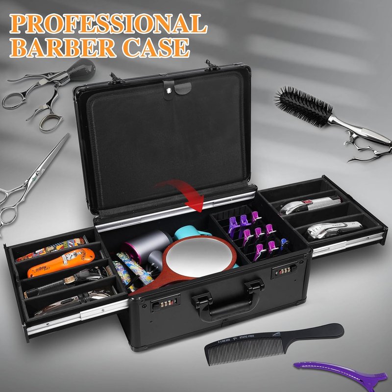 Professional Barber Accessories Case - Large Capacity Grooming Suitcase with Sliding Tray & Combination Lock | Travel-Friendly Design