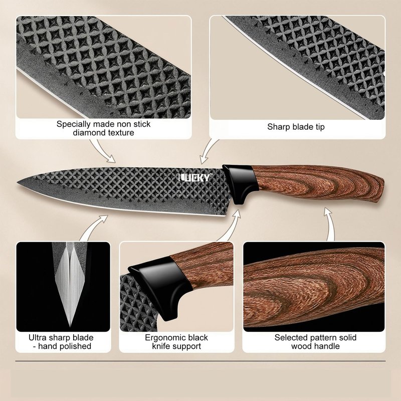KEPEAK 6PCS Knife Set, Kitchen Knife Set with Nonstick Diamond Coating, High Carbon Stainless Steel Chef Knife Set with Cleaver and Scissors, Rustproof, Gift Box, for Home Kitchen, Chef Gifts