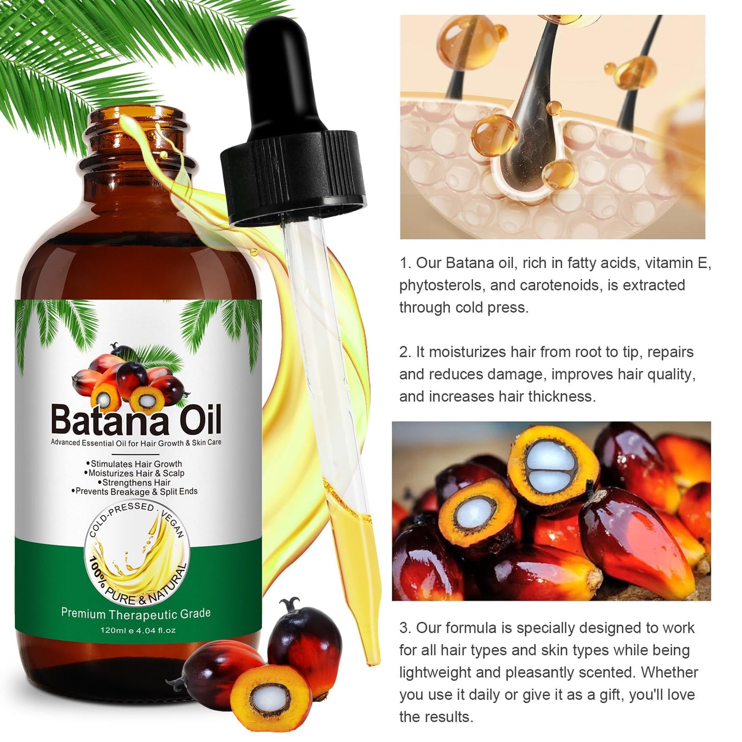 Dvoevivh 100% Cold-Pressed Batana Oil – Pure Hair Growth & Repair Oil, 4.04 Fl Oz | Natural & Chemical-Free Deep Nourishing Treatment for Scalp, Split Ends & Dry Hair