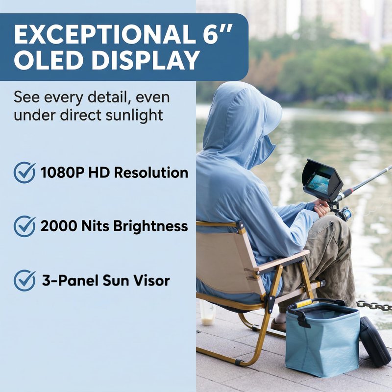Takkicept Underwater Fishing Finder Camera: 6'' HD 1080P OLED Display Ice Fishing Camera - 220°Wide-Angle Lens 8 IR Lights & 25m/82ft Cable - DVR Portable Fish Finder for Sea/Lake/Boat/Kayak Fishing