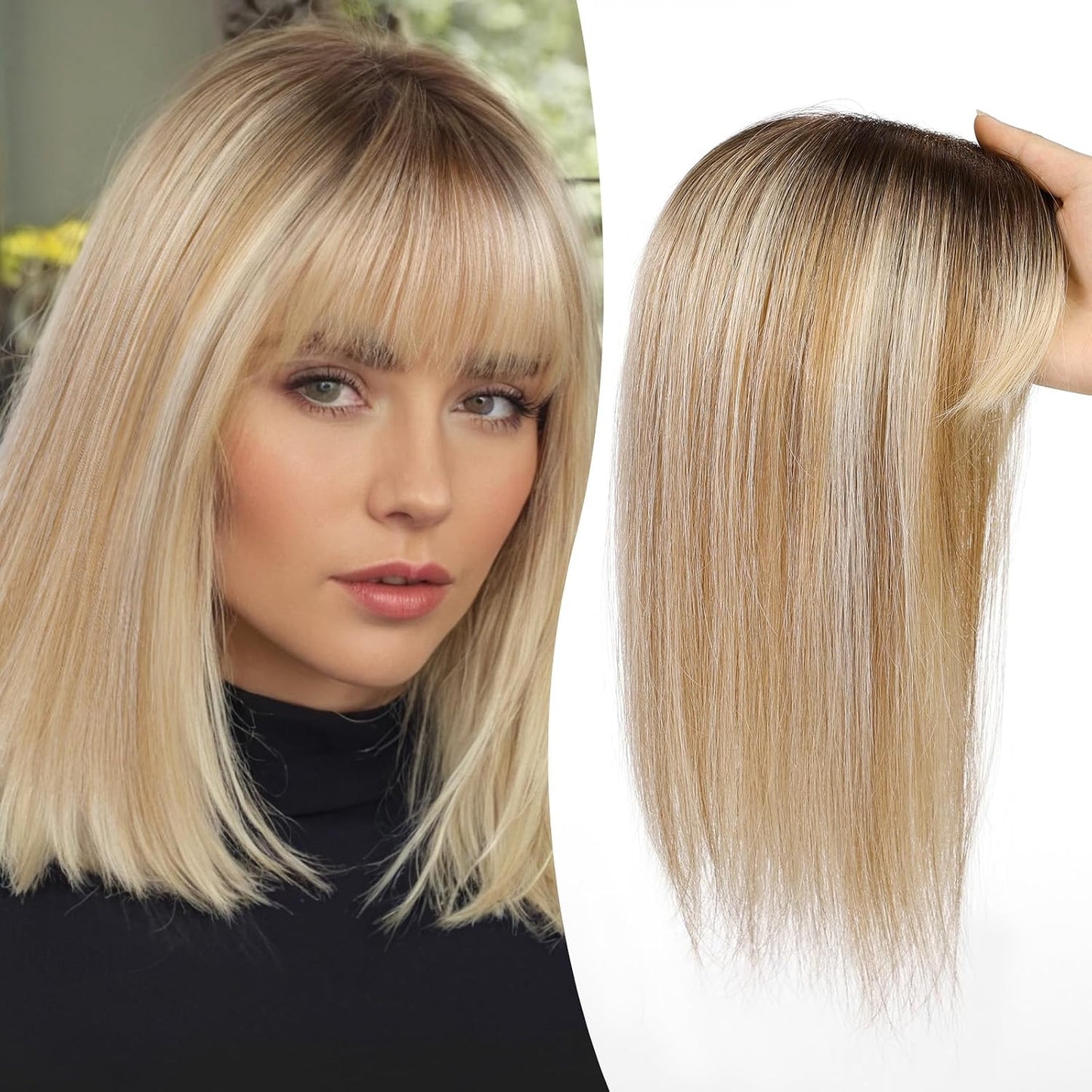 Real Human Hair Toppers for Women - 14-Inch Mixed Brown with Bangs | 6" x 5" Swiss Lace Base