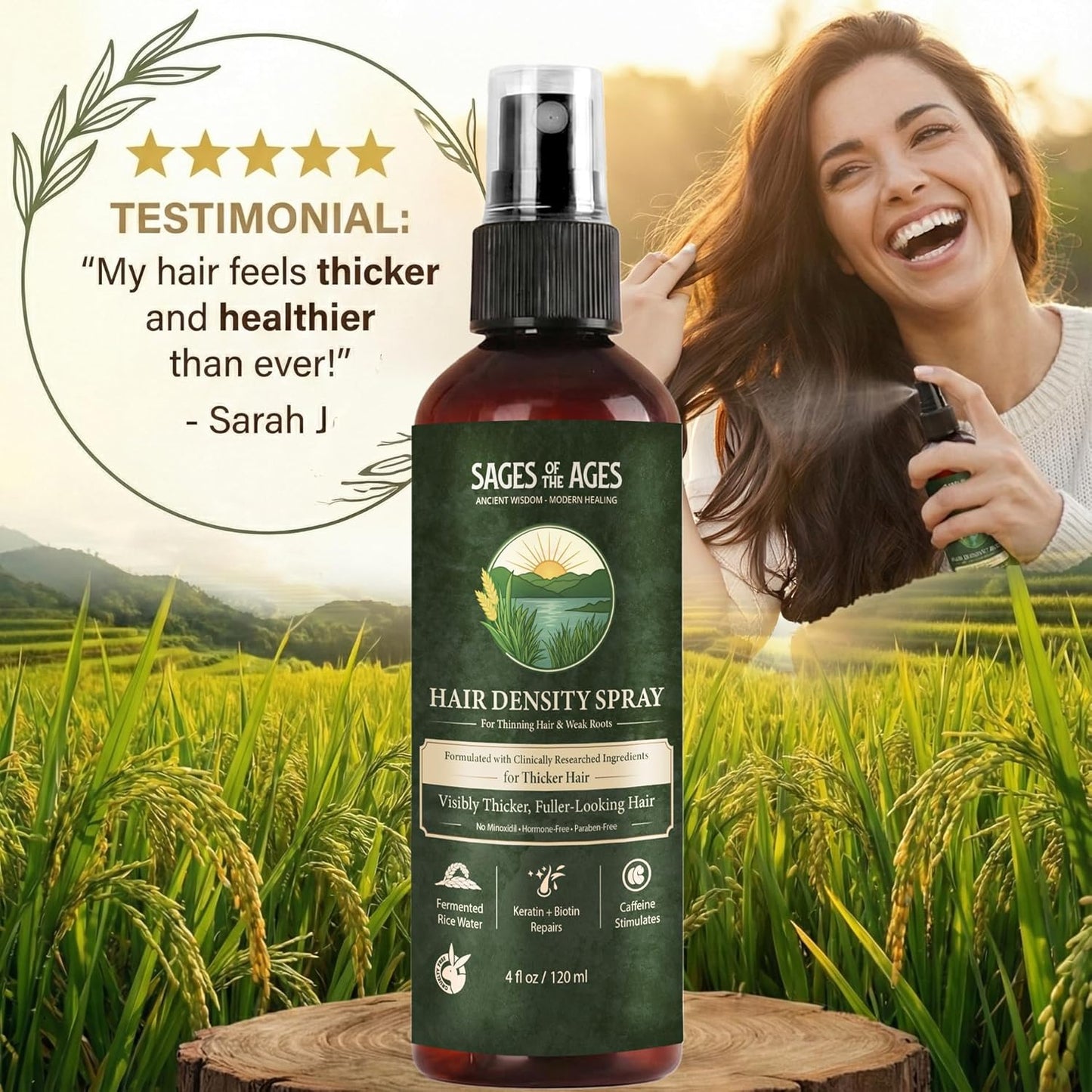 Fermented Rice Water Hair Growth Spray - Strengthening Leave-In Mist with Rosemary & Biotin | 4oz Hydrating Formula for Thinning Hair