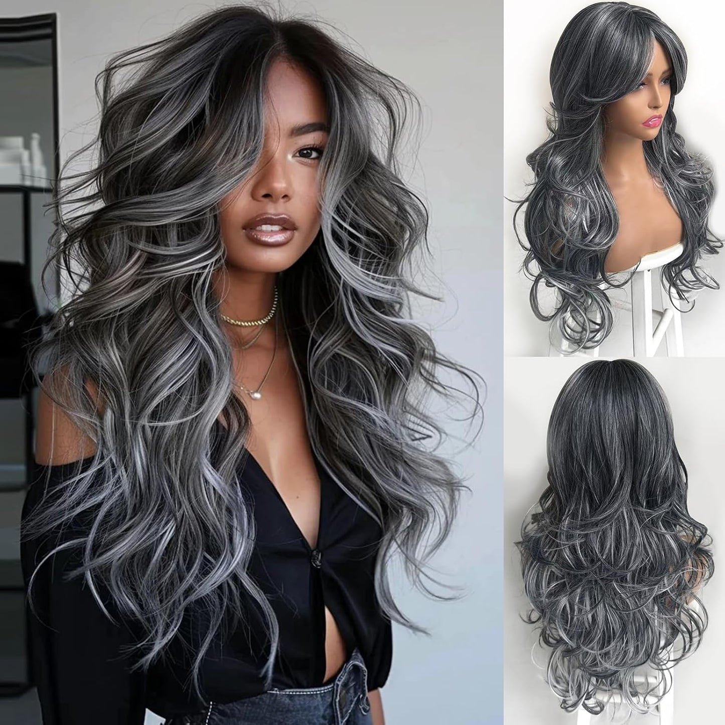 Layered Wavy Wigs for Women - Synthetic Butterfly Haircut, Natural Black, Heat Resistant | Perfect for Daily & Party Use