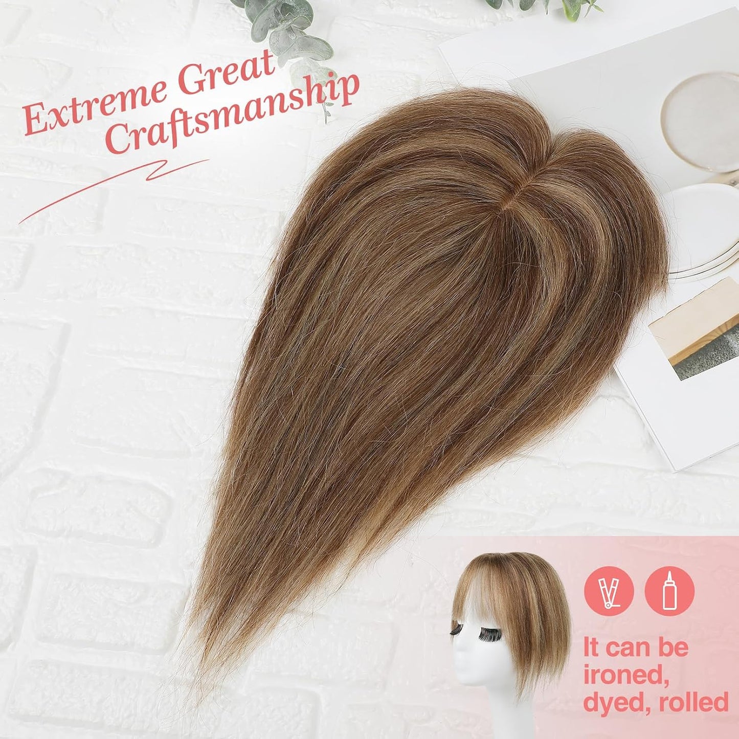 Real Human Hair Toppers for Women - 10 Inch Clip-In Bangs | 150% Density Silk Base - Medium Brown with Blonde Highlights
