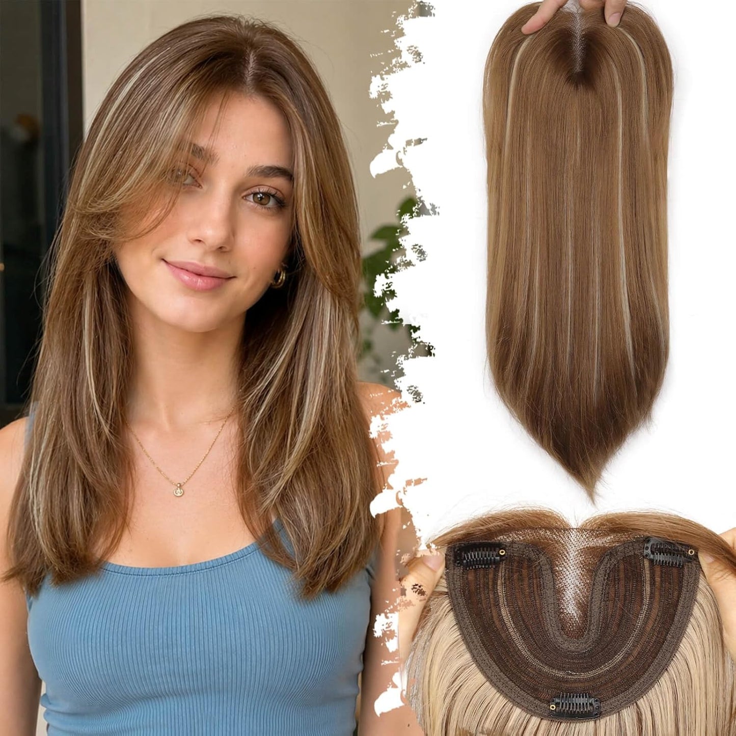 Ash Blonde Synthetic Hair Toppers with Platinum Highlights - 18" Long, 5x6" Base for Thinning Hair, Clip-In Wispy Bangs