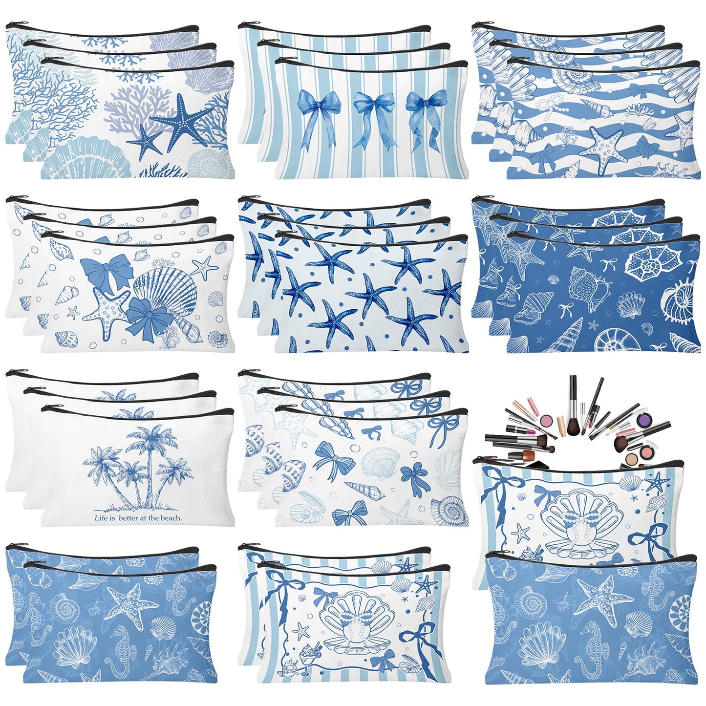HSDSH 30 Pcs Coastal Makeup Bags Blue Bow Seashell Makeup Bag Ocean Themed Cosmetic Bags Bulk Portable Travel Toiletry Pouches Beach Gifs for Women Nautical Party Favors Beach Accessories