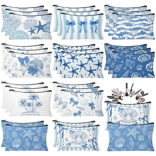 HSDSH 30 Pcs Coastal Makeup Bags Blue Bow Seashell Makeup Bag Ocean Themed Cosmetic Bags Bulk Portable Travel Toiletry Pouches Beach Gifs for Women Nautical Party Favors Beach Accessories