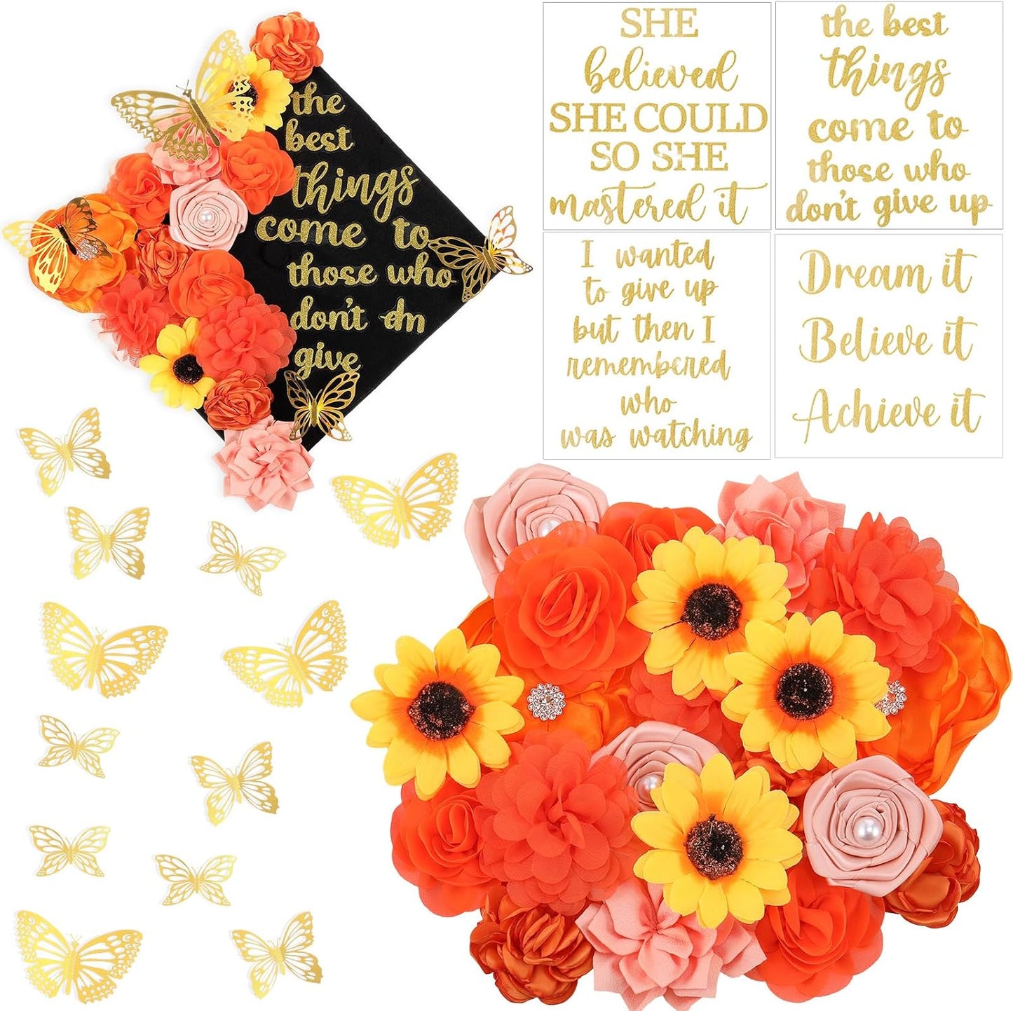 Graduation Cap Decoration Kit - 36 Pcs with Faux Flowers, Glitter Stickers & 3D Butterflies | Blue Inspirational Themes