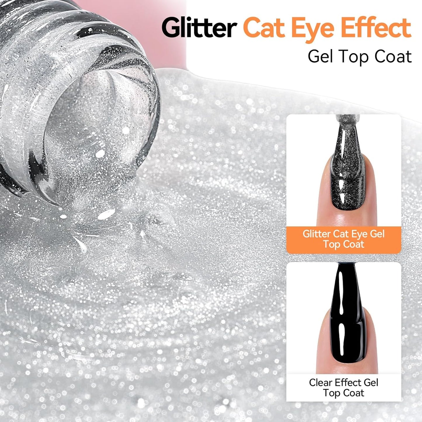 Cat Eye Glitter Gel Top Coat - 2 in 1 No Wipe Clear Finish | 15ml Soak Off UV LED Nail Polish for DIY Home Manicure