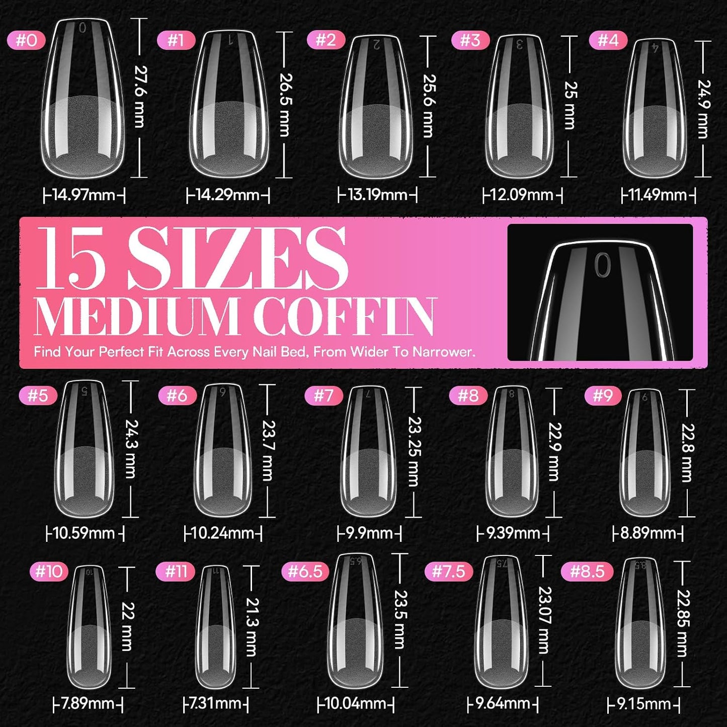 Coffin Nail Tips - 504 PCS Pre-Etched Clear Acrylic Full Cover | 15 Sizes for Salon & DIY Use