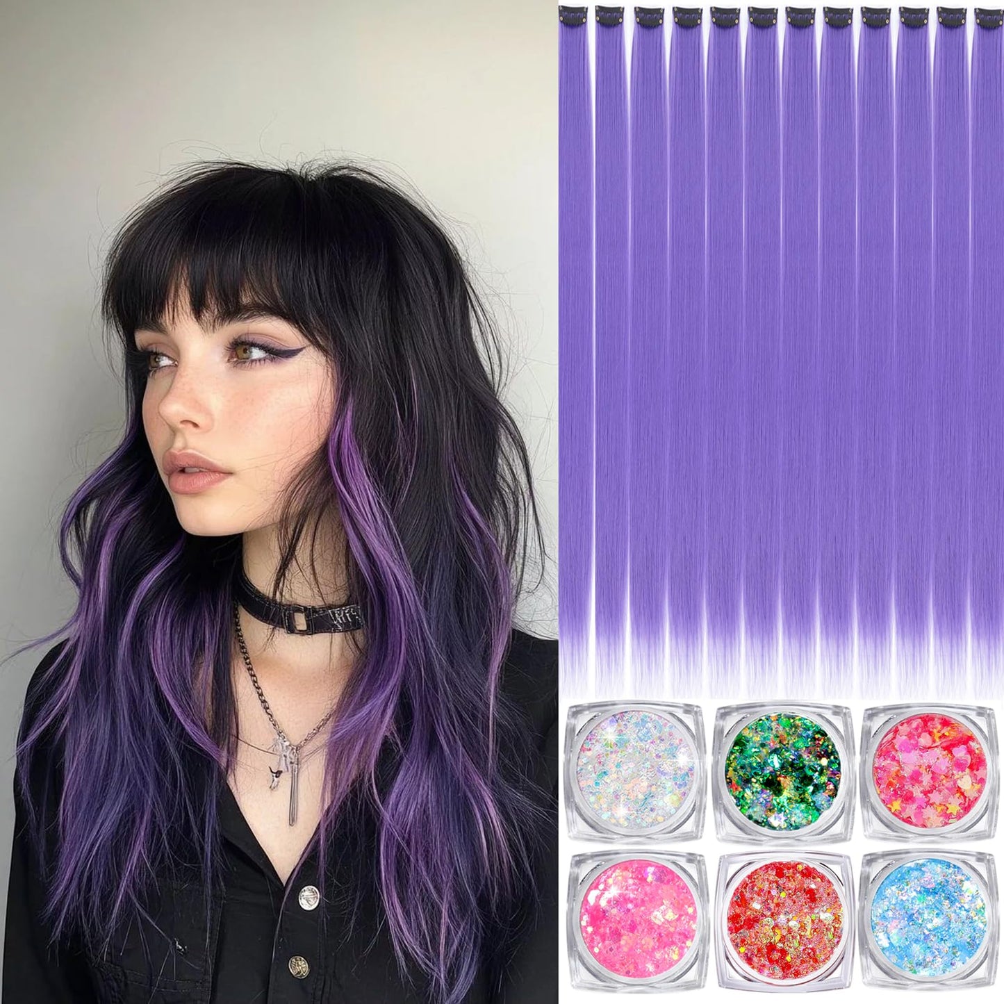 Colored Hair Extensions, 22 Inch Straight Clip in Hair Extension Body Face Hair Glitter Multi Color Rainbow Pink Red Hairpiece Extensions