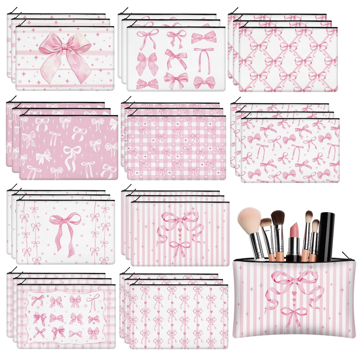 KOPOOEOE 30 Pcs Pink Bow Makeup Bags Coquette Cosmetic Zipper Pouches with Elegant Pink Bow Makeup Bag Bulk Canvas Cosmetic Travel Toiletry Pouch for Women Bridesmaids Wedding Favors