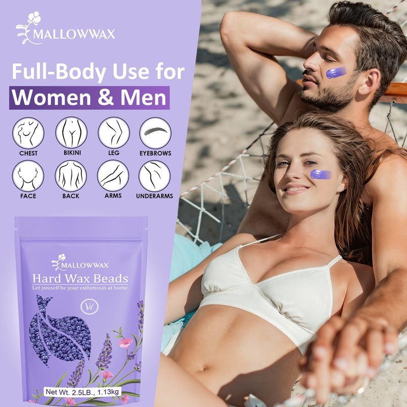 Mallowwax Hard Wax Beads 2.5lb for Hair Removal – Low-Temp Waxing Beads for Brazilian, Bikini, Face & Body – Full-Body Hard Wax for Coarse or Fine Hair, Gentle for Sensitive Skin, Home or Salon Use
