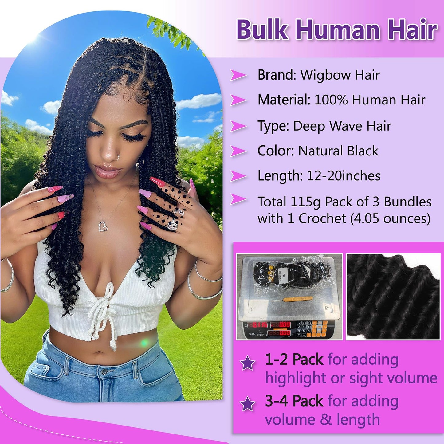 Human Braiding Hair for Boho Braids 110g 18 Inch Deep Water Wave Curly Bulk 100% Human Hair Curly Deep Wave Bundles for Braiding Knotless, Wet and Wavy Crochet Hair Extensions Bohemian Micro Braiding