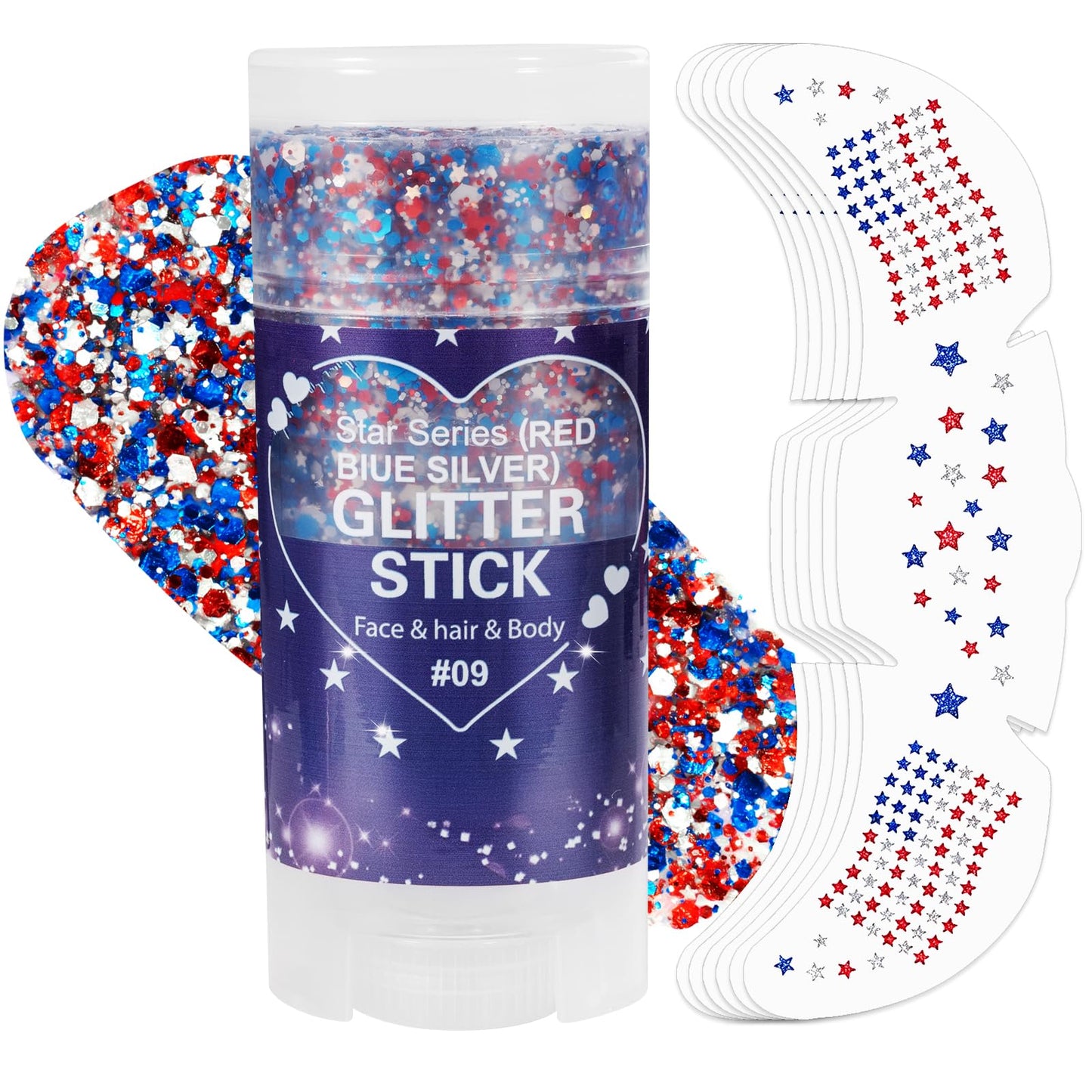 Mysense Red White Blue Face Hair Body Glitter Stick + 6Pcs Glitter Freckles Face Tattoo,4th of July Outfits for Women Kids,Patriotic Accessories for Independence Day Memorial Day American Flag Makeup