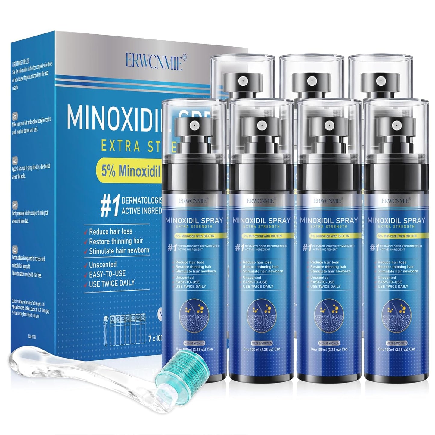 Minoxidil Spray for Hair Growth | 5% Extra Strength Treatment with Biotin - 7 Pack for Men & Women (11 Month Supply)