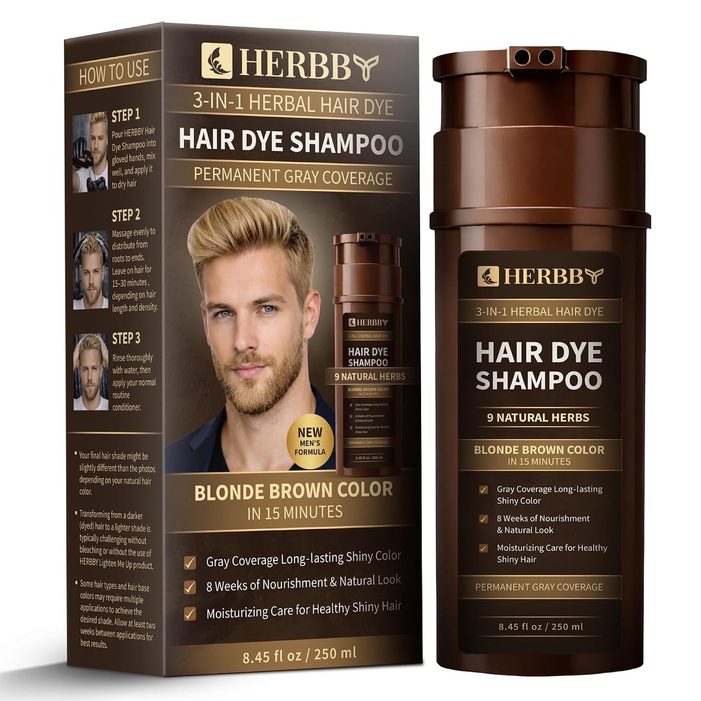 HERBBY Hair Color Shampoo for Gray Coverage | 9 Herbal Extracts for Shiny, Even Color - 250 ml (Blonde Brown)