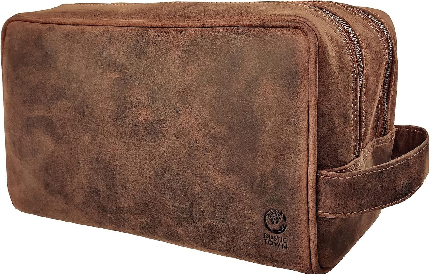 Full Grain Leather Travel Toiletry Bag - Rustic Town Cosmetic Organizer | Dark Brown
