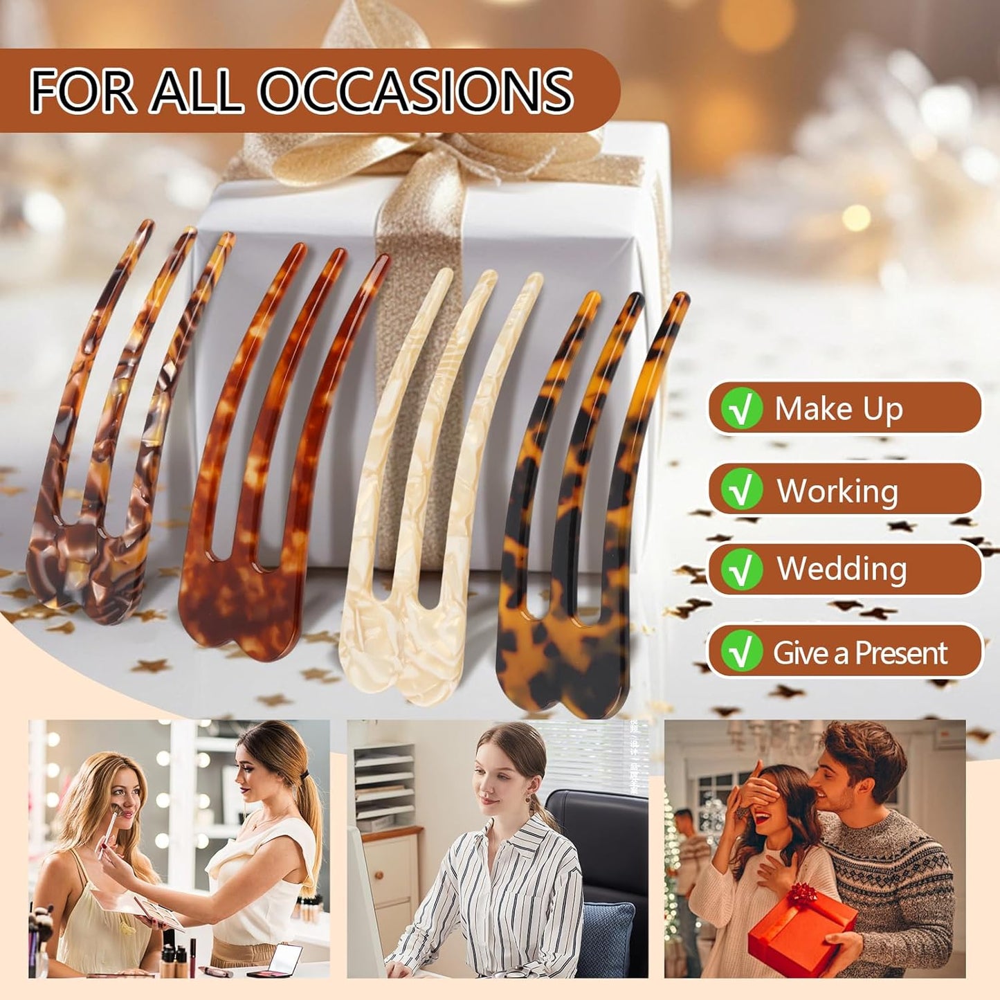 French Hair Pins for Women - 4Pcs U-Shaped Twist Clips | Unique 3-Prong Forks for Fine Hair Buns