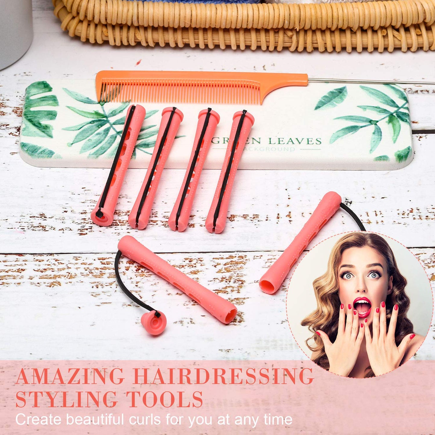 48 Pieces Cold Wave Hair Perm Rods and Plastic Curlers with Steel Pintail Comb for Hairdressing and Styling (Pink, 0.51 Inch/ 1.3 cm)