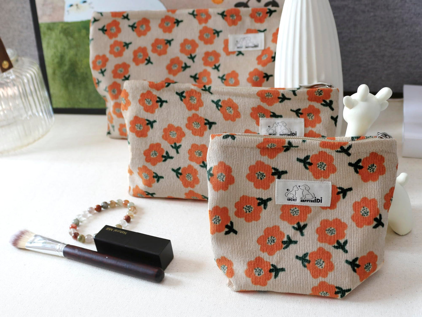 HAPPYHEIDI Makeup Bag Set 3 Cosmetic Toiletry Organizer Zipper Pouch for Purse Tote, Women Girls Gift, Large Medium Small, Beige Orange Floral Corduroy