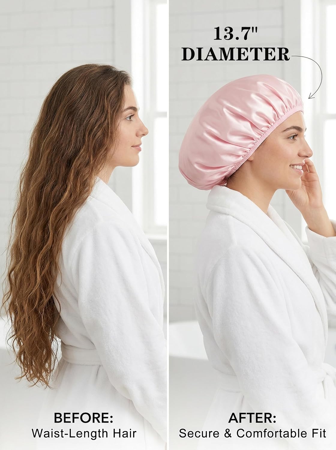 Aquior Shower Cap - Triple Layer Waterproof Bath Cap for Long Hair | Extra Large Silky Satin (Pink)