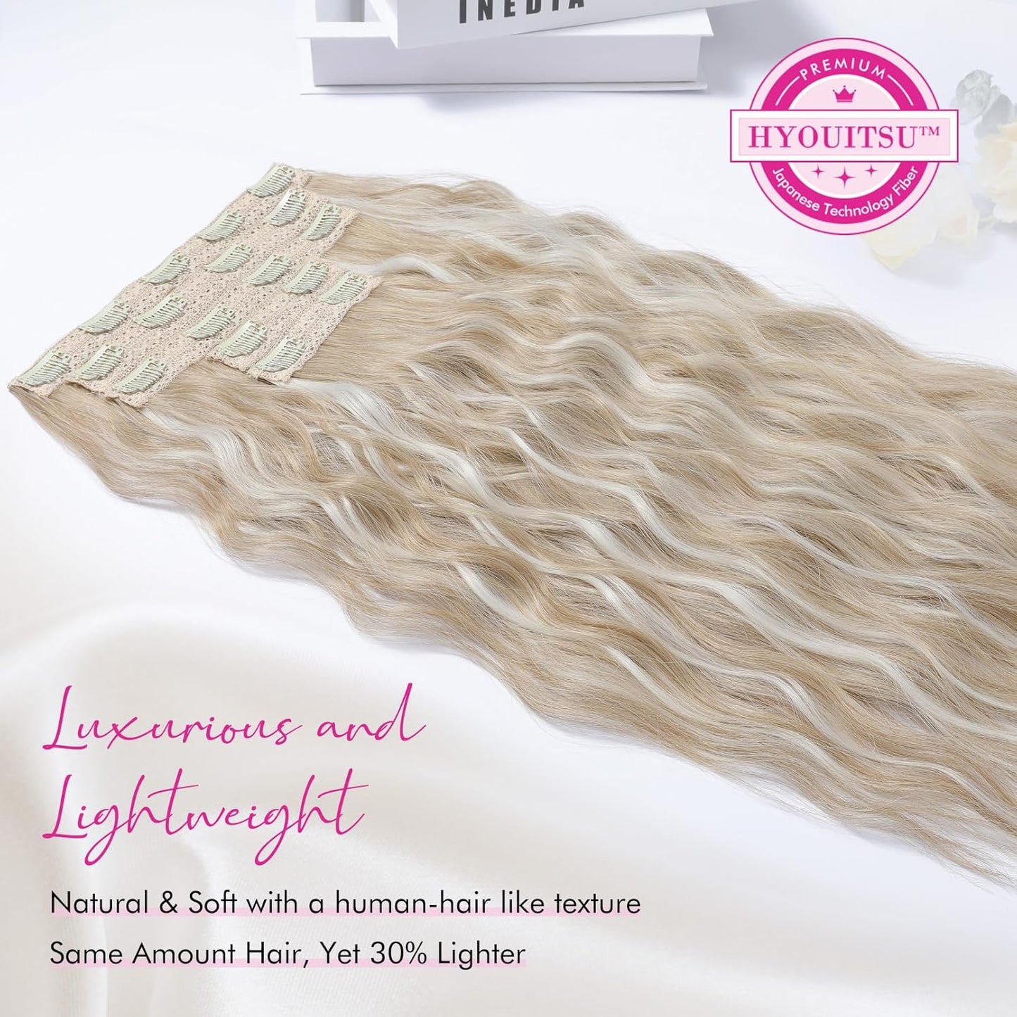 Clip In Hair Extensions - 5PCS Ash Blonde Highlights | 24" Thick Loose Waves, Soft & Natural Hairpieces for Women